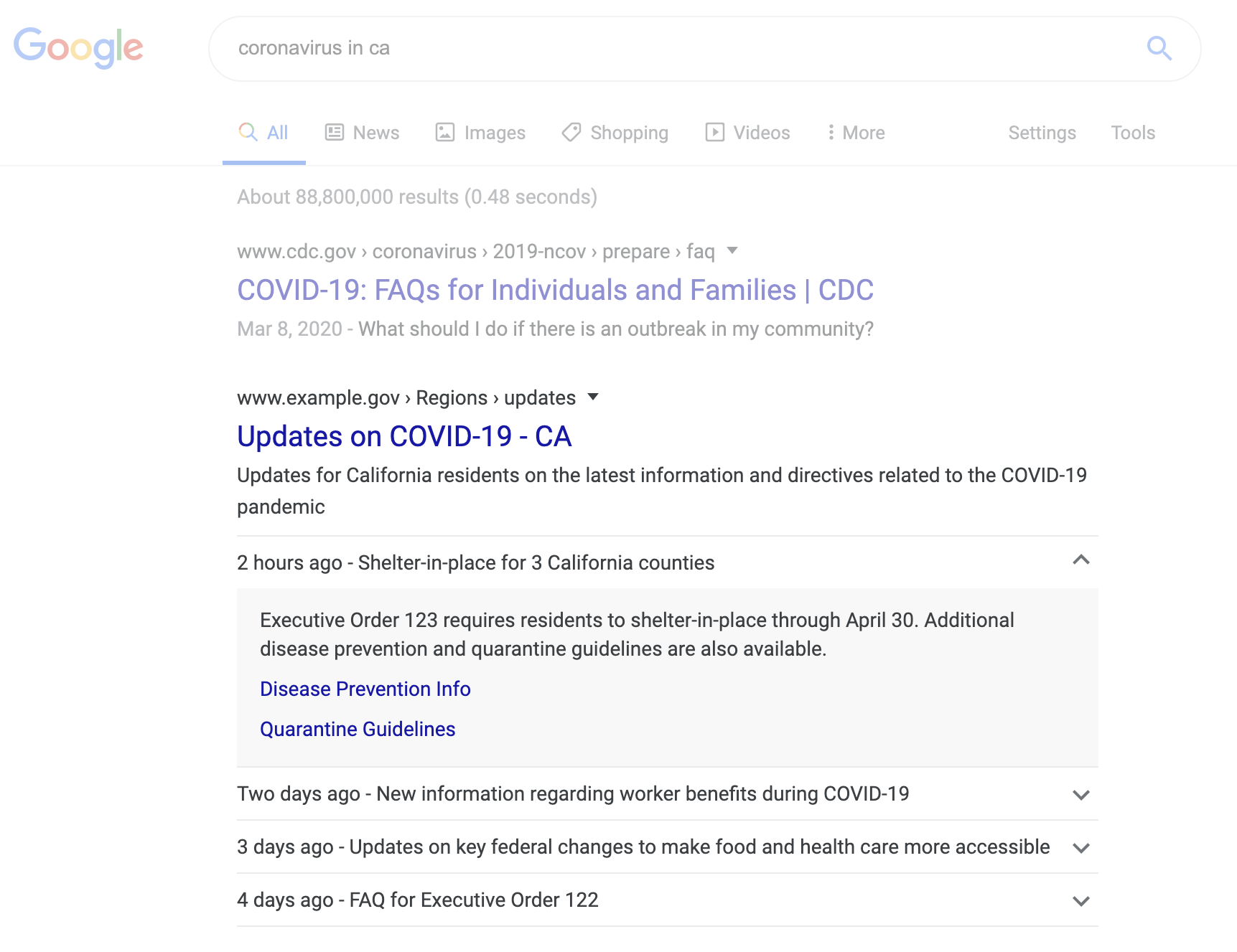 Google 搜索中的 COVID-19 通知示例